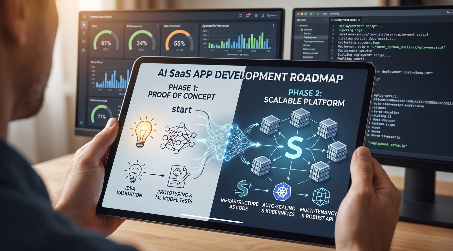 AI SaaS app development roadmap showing the strategy on the tablet from proof of concept and model testing to a scalable multi-tenant platform